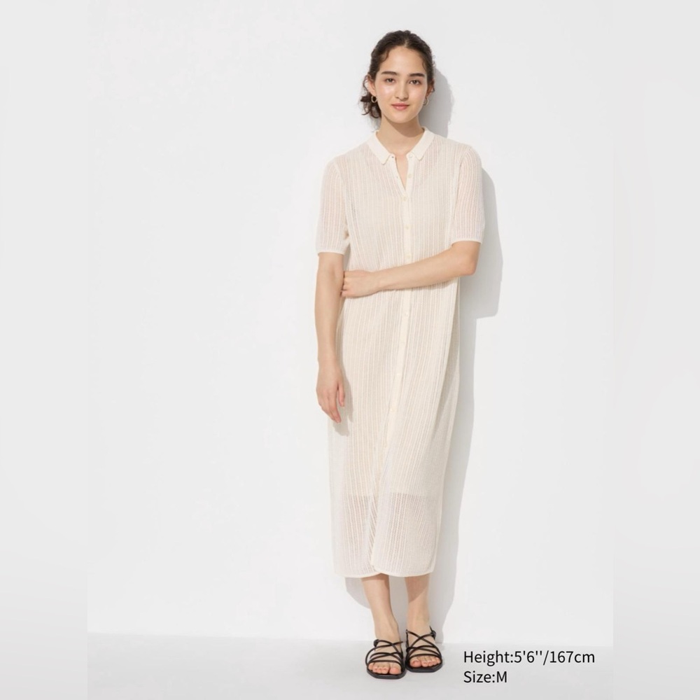 Uniqlo Cream Lace Knit Short Sleeve Dress, size large